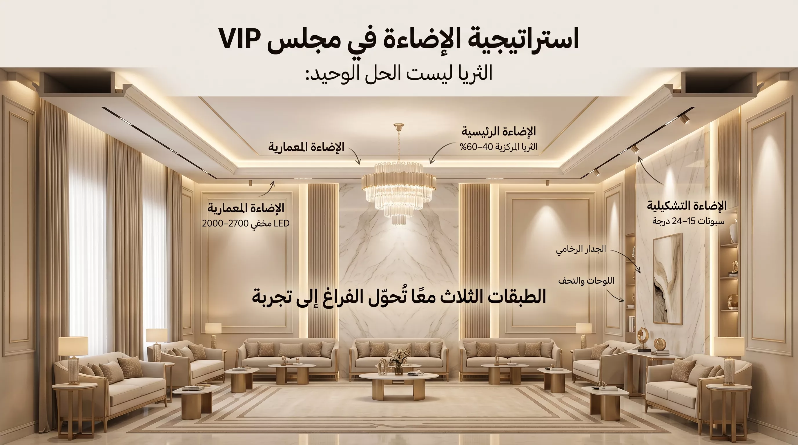 A luxurious infographic illustrating the three layers of lighting in a VIP lounge: the central chandelier, concealed architectural lighting, and spotlights directed at points of beauty.